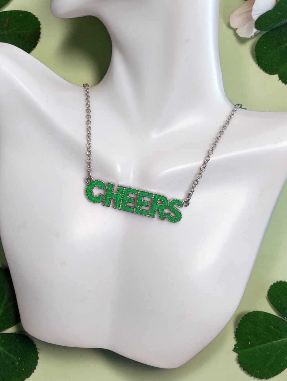 St Patrick's Day "CHEERS" Silvertone Necklace